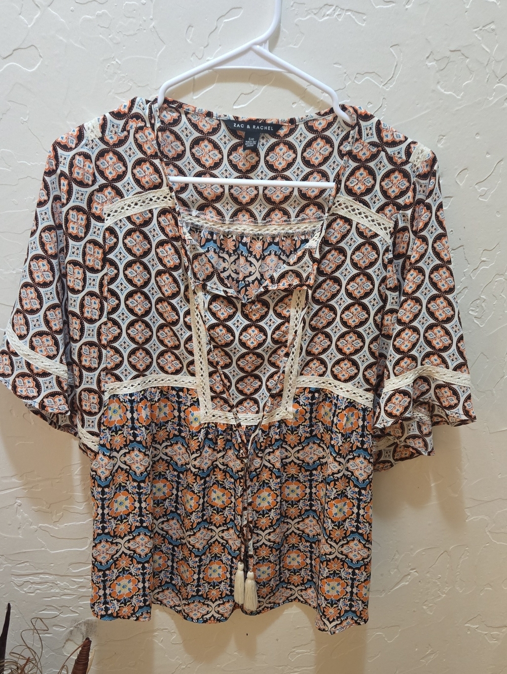 Zac & Rachel Cream, Brown and Orange Printed Boho Blouse with Tassels